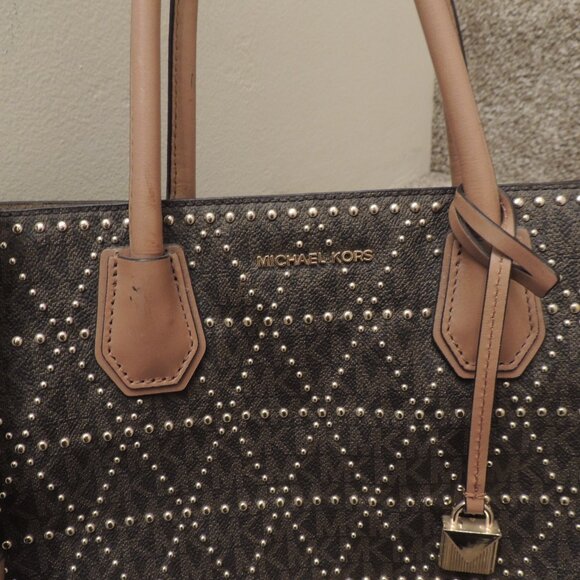 Michael Kors Studded Signature Tote Satchel Crossbody Brown Tan Logo Bag - Picture 2 of 11